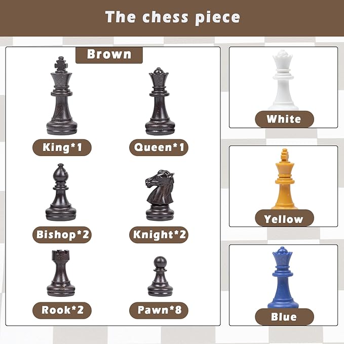 3 or 4 Player Chess Board Game Set64 Pieces Colorful ChessChess Game for Team with a Leather Game Mat