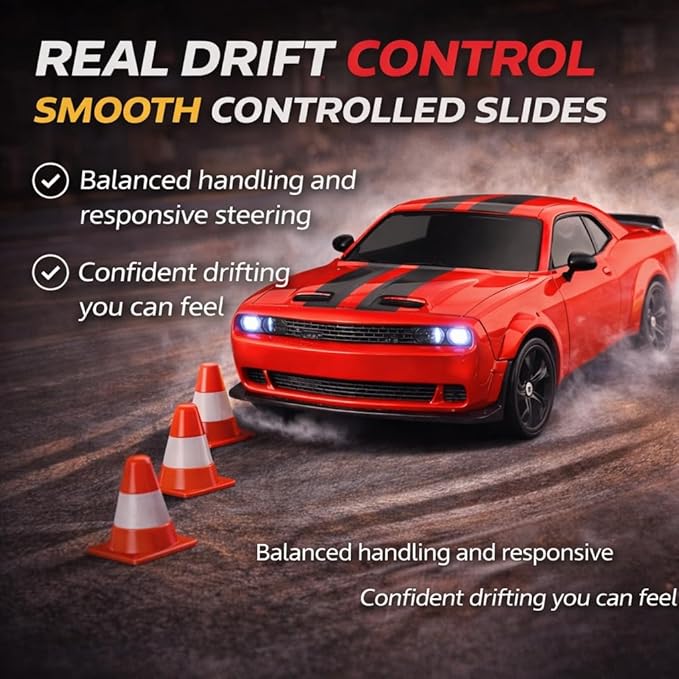 IntelLock 1:24 RTR RC Drift Car with Scratch-Free Drift Tires 4WD High-Speed Muscle 2 Rechargeable Batteries LED Lights 2.4GHz Remote Control Car for Kids &amp Adults Indoor/Outdoor