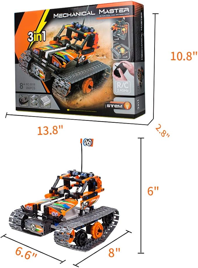 3-in-1 STEM Remote Control Building Kits - Tracked Car/Robot/Tank - 2.4Ghz Rechargeable RC Racer Toy Set Gift for 8-12 14 Year Old Boys and Girls Best Engineering Science Learning Kit for Kids 392pcs