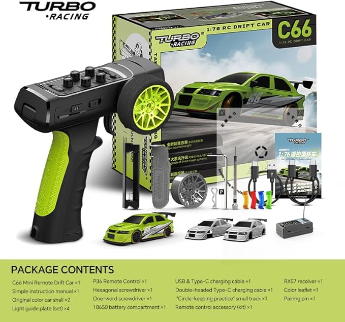 Turbo Racing 1:76 Scale RC Drift Car Table Racing 2.4GHZ Remote Control Mini Model Car with Gyro Full Proportional RTR for Adults Toys (C66-Green)