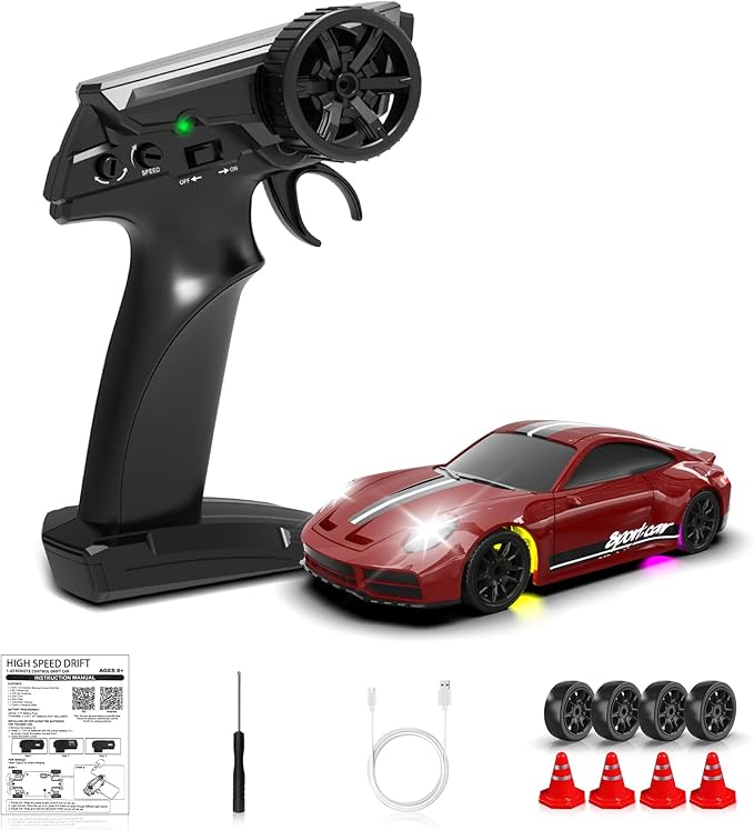 1/43 RC Drift Car Mini Drifting RC Car with Gyro 2.4GHz Full Proportional Drift Cars 4WD RTR Remote Control Cars with Colorful Lights High Speed Fast Racing Vehicle Gift for Kids Boys Adults