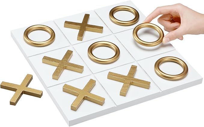 11.8x11.8 Inch Tic Tac Toe Wood Game Board Coffee Table Decor Modern Wooden for Board Table Top Living Room Decor Fun Family Party Adults Travel Ages15+(White Gold)