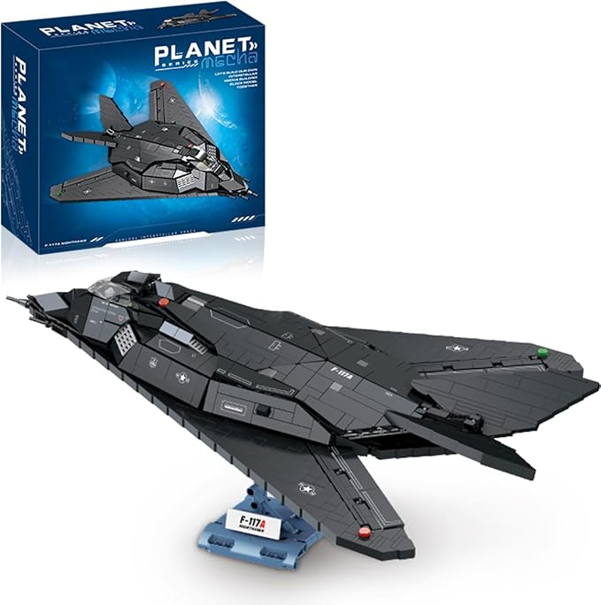 F-117A Nighthawk Fighter Jet Building Block Set for Adults 14+ 20 Inch Planet Military Airplane Air-Force with Display Stand Compatible with Lego 1375 Pcs