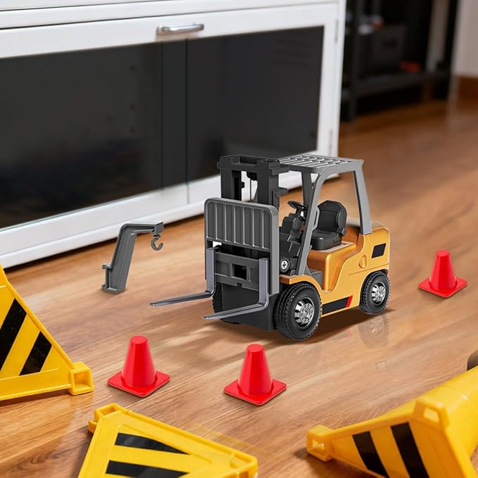 FunXylophy 1/64 Mini RC Forklift 2.4G 10KM/h Full-Proportional Remote Control Forklift with Wireless Controller Cargo Hook Forks and Pallet Christmas &amp Birthday Gifts (Yellow)