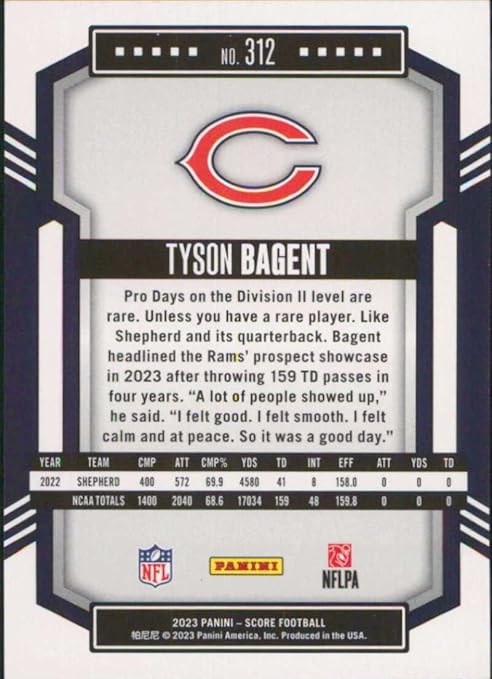 2023 Score #312 Tyson Bagent Chicago Bears Rookie Football Card - Sportscard Superstore