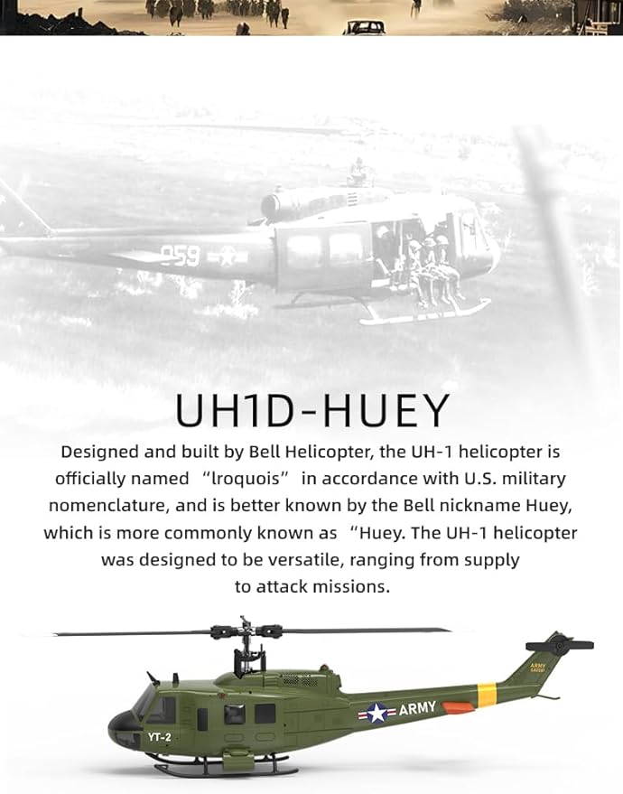 YU Xiang F07 Bell UH-1 Huey RC Helicopter for Adults 1/34 2.4G 6CH Brushless Direct-Drive 3D/6G Flybarless Advanced RTF RC Helicopter with Optical Flow Positioning - 2PCS Battery