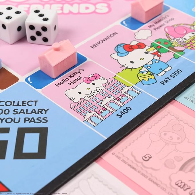 Monopoly: Hello Kitty and Friends Buy Sell Trade Buildings from The Animated Series Featuring My Melody Badtz-Maru Keroppi Classic Monopoly Game Officially-Licensed Hello Kitty Merchandise