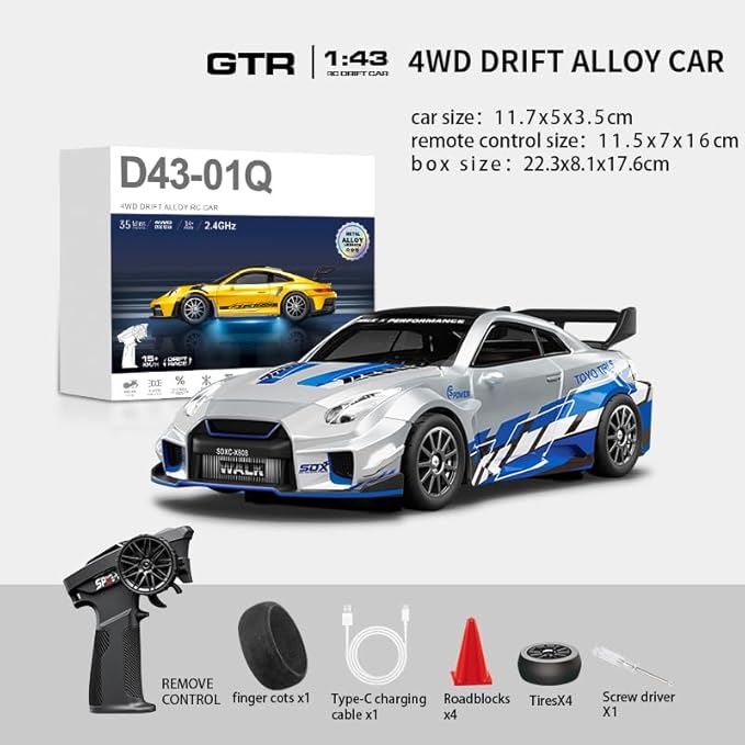 1:43 RC Drift Car 20KM/H with Gyro 2.4G 4WD Full Proportional Alloy Sport Racing Car Adjustable Speed LED Lighting for Teens &amp Adults-D43-02