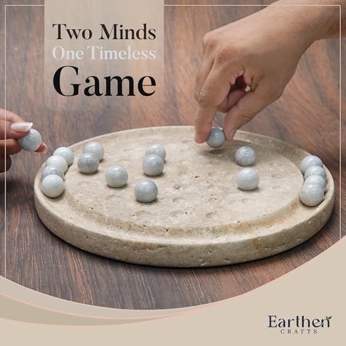 Marble Solitaire Board Game 10 Travertine Mind Game with 42 White Marble Balls Classic Puzzle Game for Family Modern Tabletop Brain Teaser