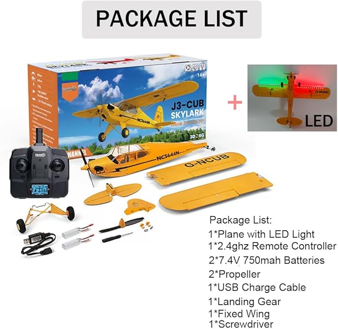 J3-CUB RC Plane 5CH Remote Control Airplane for Adults 1406 Brushless Motor Outdoor 3D6G Fixed Wing Stunt RC Aircraft with Replaceable Parts (Yellow 2B+LED)
