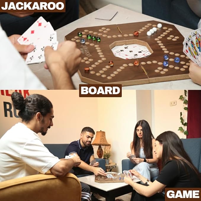Jackaroo Board Game 2-4 Player Marble Strategy Game Solid Wooden Game with 16 Glass Marbles and 52 Cards Marble Chase Game Jokers and Marbles Board Game Foldable Board with Carry Bag (Walnut)