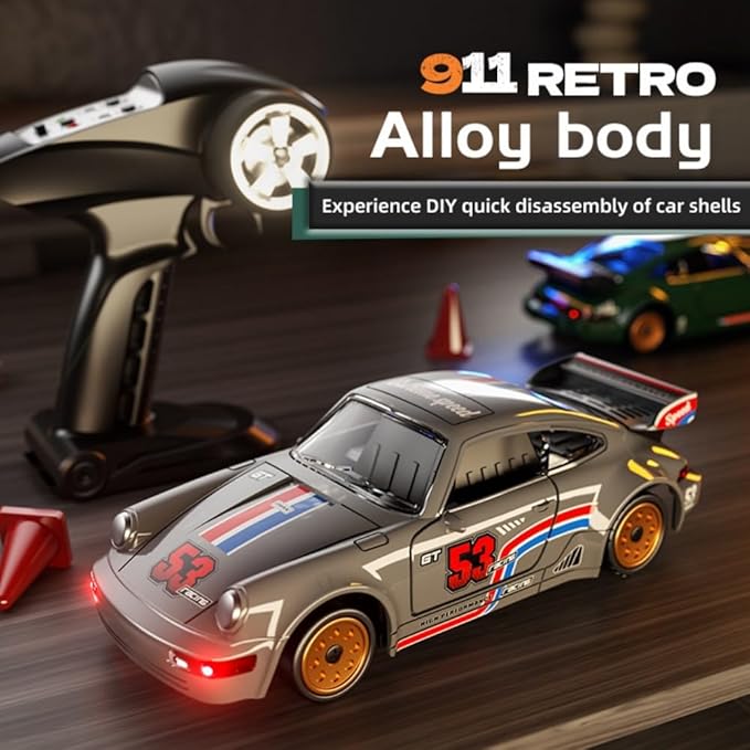 911 Series RC Drift Car 1:43 Scale Mini Model with Alloy Build – Door-Opening Function Gyro Auto Calibration LED Underglow for Hobbyists &amp Collectors（Yellow）
