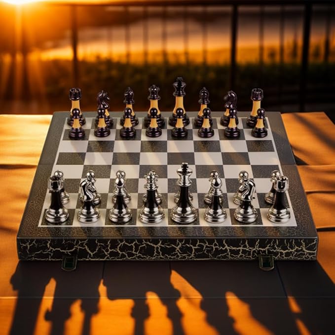 Chess Set 16 Wooden Foldable Black White Chess Board 3.5 Luxury Weighted Acrylic Chess Pieces with Storage Slots for Adults Children Gift Large
