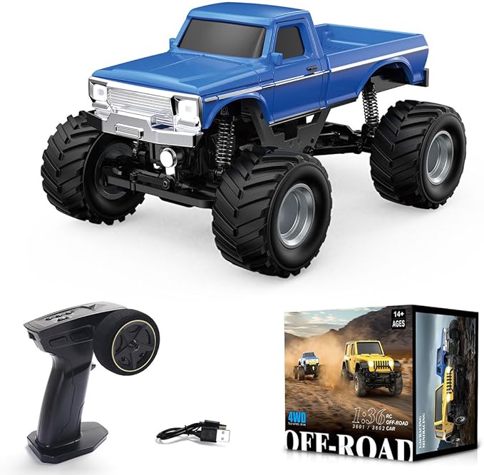 RC Crawler Truck 1/36 Scale 2.4G 4WD Full Proportional RC Off-Road Car Model with Realistic LED Lights Long Battery Life Hobby Car Gift for Adults (RTR Version/Blue)