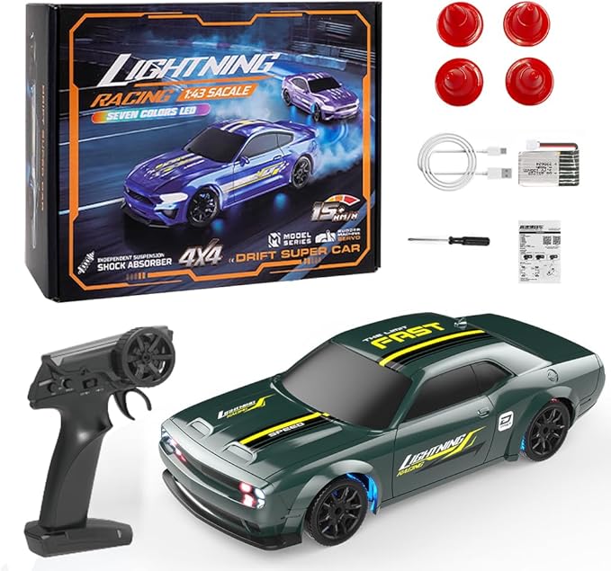 1:43 Scale Mini RC Drift Car 2.4GHz 4WD Desktop RC Drift Car 15KM/h Handheld Racing Mini Vehicle with LED Lights Speed Switching Racing Sport Toy for Adults Teens (Dark Green)
