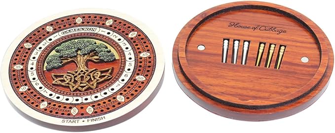 House of Cribbage - 2 Track 60 Points - Tree of Life Inlaid Wooden Travel/Pocket Size Cribbage Board - Size 4 Inch (Maple Wood/Blood Wood)