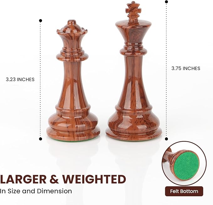 High Polymer Weighted Chess Pieces Only - 3.75'' King - Extra 2 Queens Standard Tournament Chessmen for Chess Board Game or Replacement of Missing Pieces (No Board) Storage Bag Included