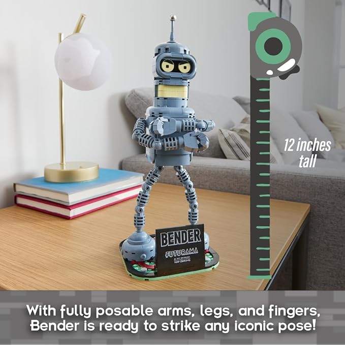 Brickcraft Futurama Bender Brick Building Kit | 396-Piece Posable Robot Figure with Gold Chain &amp Drinks | Sci-Fi Collectible Display Model Holiday for Adults Teens &amp Animated TV Fans