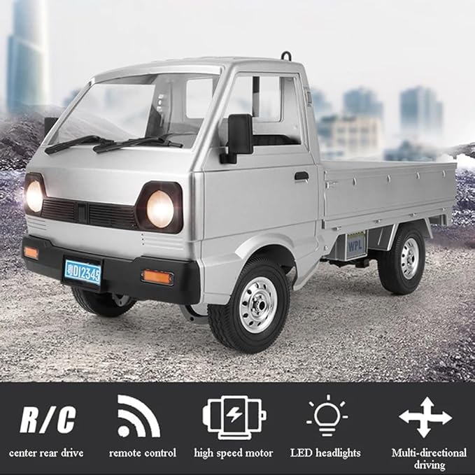 WPL D12 RC Kei Truck 1:10 Scale Remote Control Drift Car 2.4GHz All Terrain Off Road Pickup Truck Crawler with Brushed Motor LED Headlights 2 Batteries RTR for Adults (Silver)