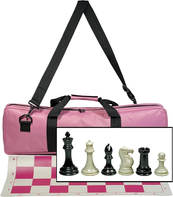 WE Games Tournament Chess Set with Deluxe Pink Canvas Bag Triple Weighted Chess Pieces with 4.0 inch King Vinyl Roll-Up Chess Board 20 inches Travel Chess Set for Adults