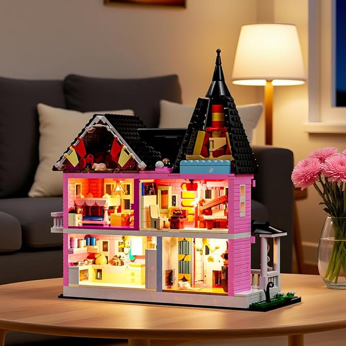 1349PCS Pink Palace House Building Set Halloween Haunted House Blocks Toy with Lights Christmas for Teens Girls 12+ Halloween House Kit for Kids Adults