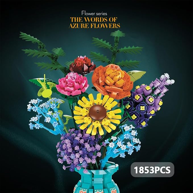 39150 The Words of Azure Flowers Building Blocks Flower Set 1853 Pieces of Floral and Plant Series Block Sets Adult Creative Enthusiast Model Gifts Can be Used for Room Decoration