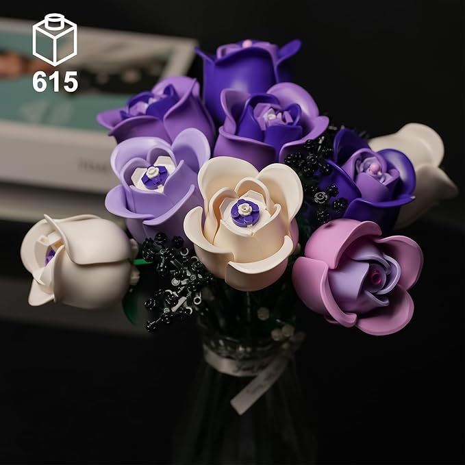 ENJBRICK Pink &amp Purple Roses Flower Bouquet Building Set 615Pcs Everlasting Botanical Collection Compatible with Lego for Adults Aesthetic Home Decor &amp Romantic Gift for Women Anniversary