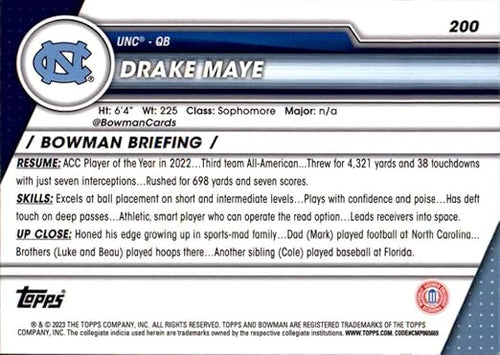 2023 Bowman University Chrome #200 Drake Maye North Carolina Tar Heels Football Card - Sportscard Superstore