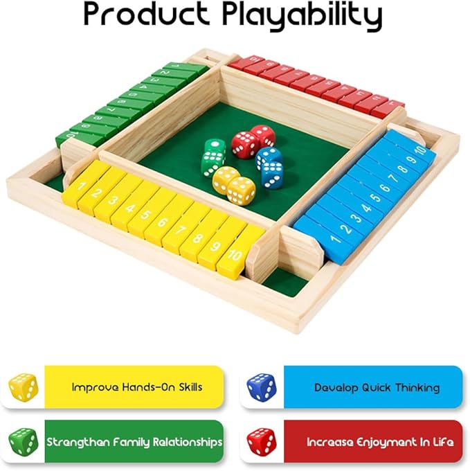 Shut The Box Game: 2-6 Player Wooden Board Math Game with 2-12 Dice | Educational Family Night Entertainment | Classic Pub Style | Funny Family Board Games (Colorful-6 Players)