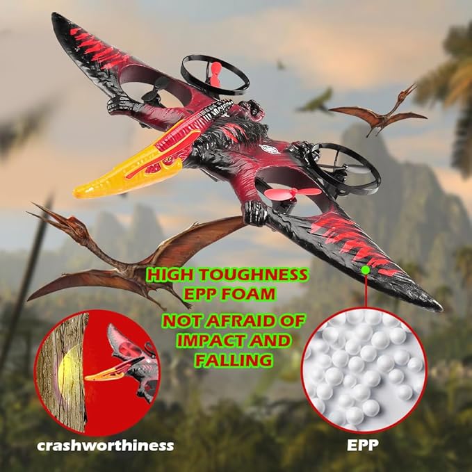 Dinosaur Remote Control Drone 2.4G EPP Foam RC Pterodactyl Hobby RC Airplanes with 6-Axis Gyro One Key Takeoff Landing Stunt Roll &amp 360 Flip Fighter Jet Toy Christmas Birthday Gift for Boys Gi