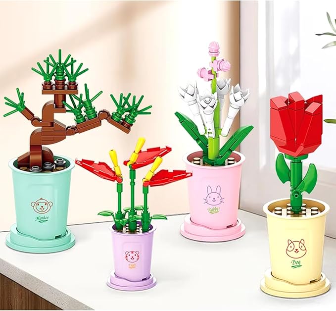 Liberty Imports 12 Pack Mini Flower Botanical Building Block Collection Creative Flower Plant Toy Set for Kids Home or Office Colorful Decorations
