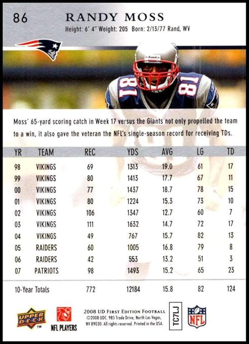 2008 Upper Deck First Edition #86 Randy Moss - New England Patriots