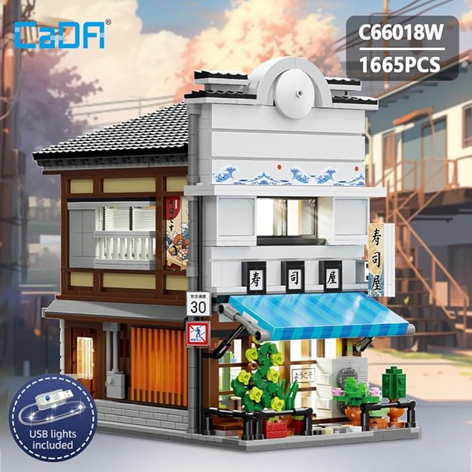 CaDA Master Japanese Sushi House Building Block Set C66018W Creative City Brick Kit with Lights1665PCS Street House Idea Gift for Adults