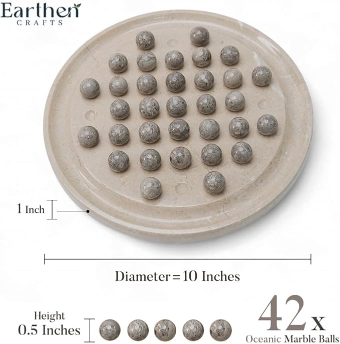 Marble Peg Solitaire Board Game 10 Inches Beige One Player Game Brain Teaser Puzzle with Oceanic Balls Tabletop Game for Family Only