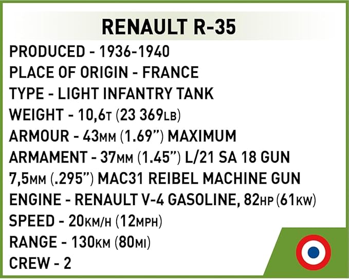 COBI Historical Collection World War II Renault R-35 Light Tank Building Set 93 Pieces