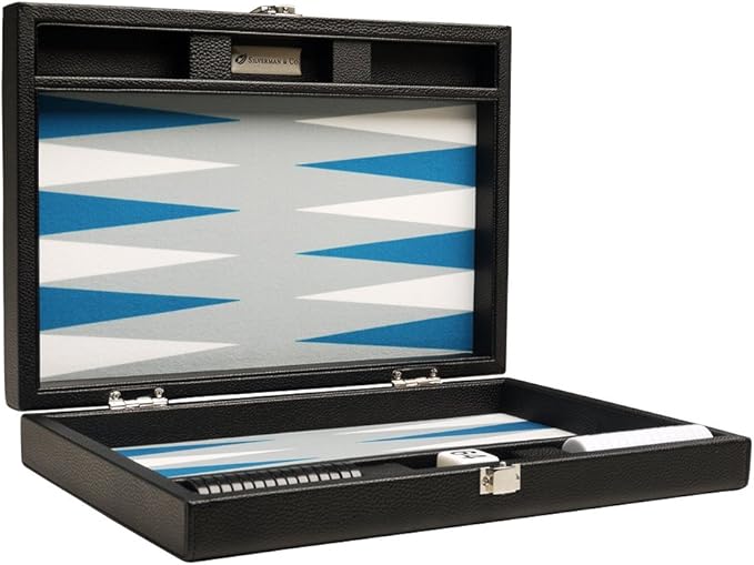 13-inch Premium Backgammon Set - Travel Size - Black Board White and Astral Blue Points