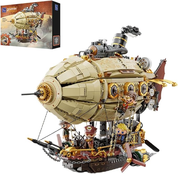 PANTASY Steampunk Airship Model Kit for Adults Dual-Layer Zeppelin with Gear-Driven Mechanical System DIY Building Blocks Set Retro Sci-Fi Construction Toy for Collectors &amp Display
