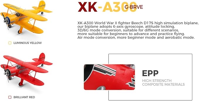 XK A300 Beech D17S RC Airplane EPP Remote Control Airplane Biplane 3D/6G 2.4G 4CH Brushless 550mm Wingspan Fixed Wing RC Aircraft with Quick Release Military Plane Gift -RTF