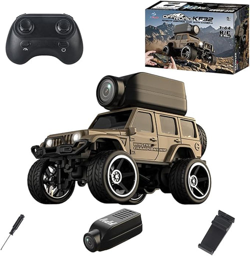 1:64 Full-Scale Die-Cast RC Car with Camera KF32 Mini 4WD Desktop Off-Road Crawler Remote Control Racing Vehicle Model(Yellow)