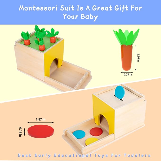 Montessori Toddler Play Kit Montessori Box Toys for 1 Year Old 2 Years Baby Learning Toys Gift Carrot Harvest Game Matchstick Color Drop Game and Coin Box (5-for-1)