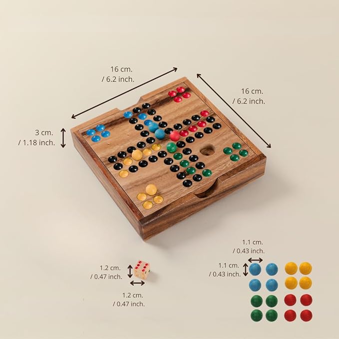 Premium Wooden Ludo Board Game – Handcrafted Travel-Size Game Set by SiamMandalay – 16 cm Compact Design with Dice &amp 16 Colorful Playing Pieces – Classic Strategy Game for Adults and Teenagers