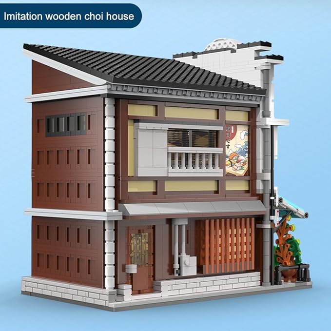 Japanese Sushi House Architecture Building Blocks Set – 1665PCS Creative Street View Model with Lighting &amp 1 People Creative Construction Shop House City View Birthday Gift for Adult