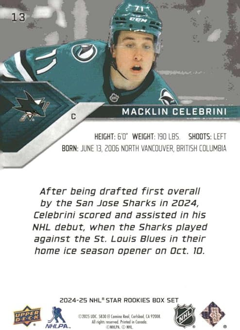 2024-25 Upper Deck Star Rookies #13 Macklin Celebrini San Jose Rookie Hockey Card - Sportscard Superstore