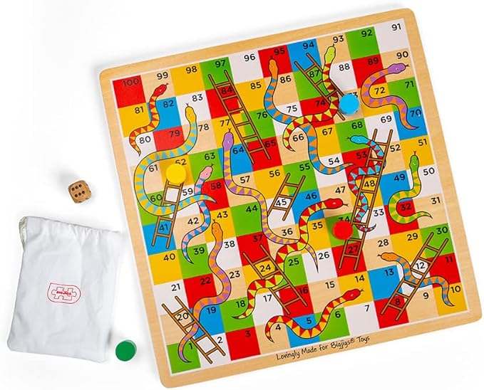 Bigjigs Toys Traditional Snakes and Ladders Game | 4 Player Wooden Board with Counters &amp Dice | Family Toy for Kids &amp Adults | Educational Tool for 3+ Year Old Children | Classic