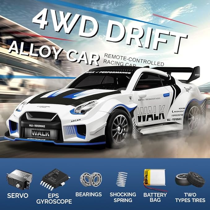 1/43 Scale RC Drift Car 2.4G Full Proportional 4WD Remote Control Car with Gyro Adjustable Speed &amp LED Lights Alloy RC Vehicle for Adult
