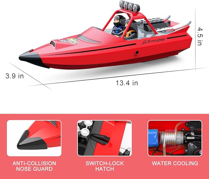 RC Boat for Kids Adults 2.4GHz Remote Control Boats with LED Light for Pool Lakes Water 20MPH Fast Speed Racing Jet Boat Boat Toy for Boys Girls 2 Rechargeable Batteries 40+ Mins Red