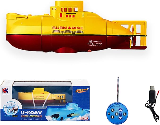 Mini RC Submarine Waterproof Remote Control Boat Underwater Diving Fish Tank Toy for Kids Birthday Gift（Yellow）