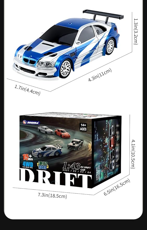 1/43 Mini RC Drift Car 2.4GHz RTR Full Proportional Remote Control Cars 4WD High Speed Racing Lights Kit and Racing Tires (4302)