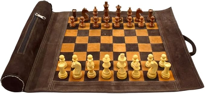 19X15 Genuine Leather Chess Set (Chess Size-12X12) - with 3 King Size Chess Pieces &amp Roll-Up Leather Chess Board (Brown(Suede))