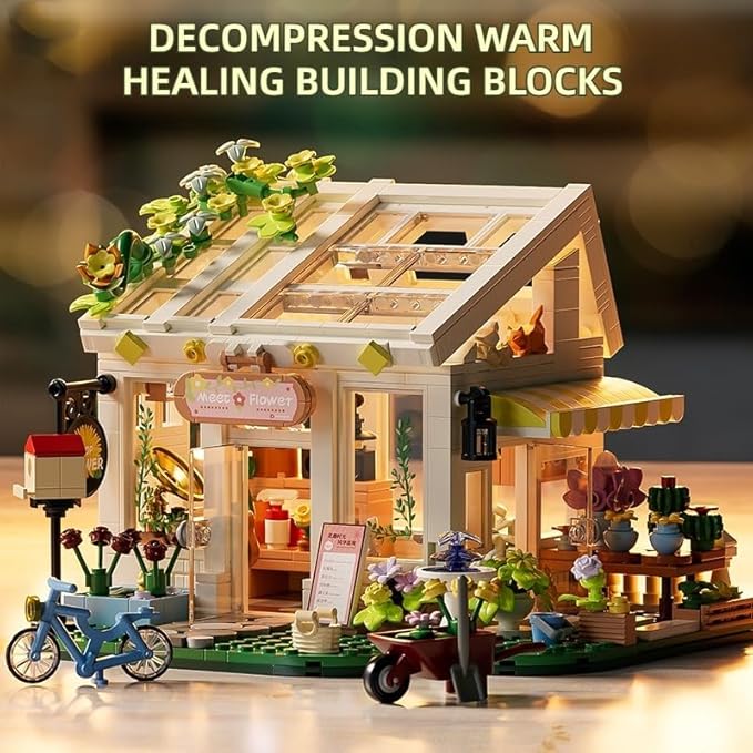 Flowers House Building Set with Lights Garden Building Kits Sunshine Greenhouse Building Toy for Home Display Decoration Creative Greenhouse Playset for Girls Friends and Adult 8+ (832 PCS)